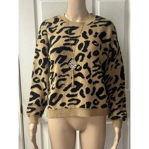 Cotton Emporium Women’s Size S Leopard Pattern Crewneck Sweater Brown/Black
